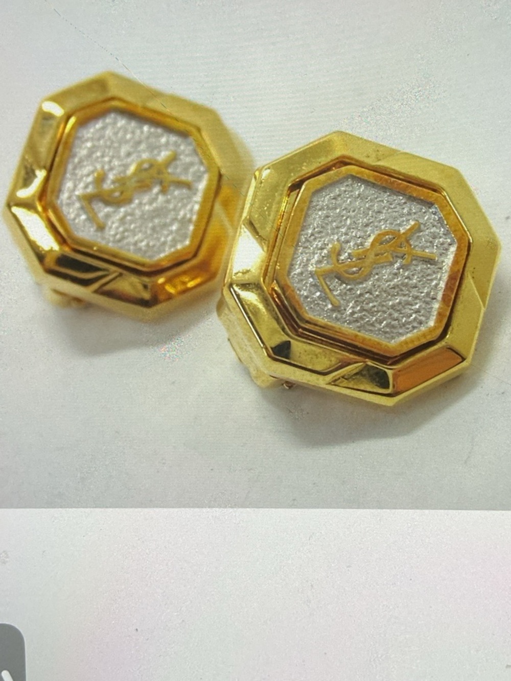 YSL Yves Saint Laurent Gold-Tone Octagon Logo Clip Earrings with Silver Center - Picture 2 of 7